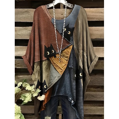 Damen Bluse Asymmetrisch Grafik Tiermotiv Katze Vintage Täglich Lässig Halbarm Fledermaus Ärmel Rundhalsausschnitt Lange Oberteile Täglich Ferien Strandbekleidung Blau Gelb Rote Kamel Grau Sommer Image