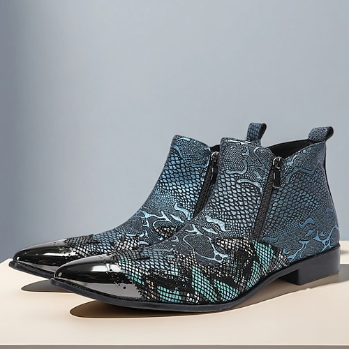 Herrenstiefeletten aus blauem Schlangenleder mit spitzer Zehenpartie – Rockstar-Stiefel aus Rindsleder mit Reißverschluss für Konzerte, Festivals und Themenanlässe Image
