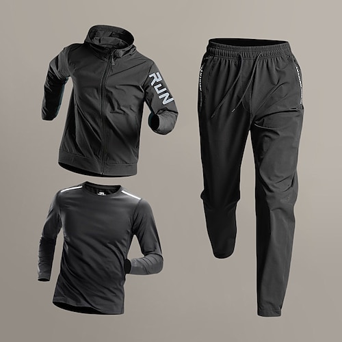 Herren Trainingsanzüge 3-teiliges Sport-Set Einfarbig Kombination Frühling Herbst Grün und Schwarz Schwarz Basketball Laufen Yoga Hohe Taille Schnelltrocknend Langarm Sport Sportkleidung Image