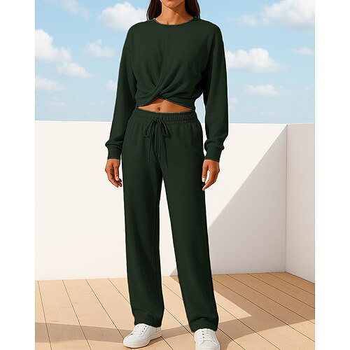 Damen Pullover-Trainingsanzug-Sets Lässige Trainingsanzüge 2-teilige Lounge-Sets Weites Bein Einfarbig Kombination Frühling Herbst Schwarz Armeegrün Outdoor Reise Joggen Langarm Sport Sportkleidung Image