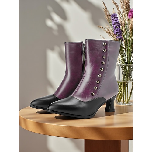 Damenstiefeletten mit Knöpfen im edwardianischen und viktorianischen Stil – zweifarbige Stiefeletten aus Leder mit Retro-Absatz für Kostümveranstaltungen, Vintage-Partys und historische Mode der Image