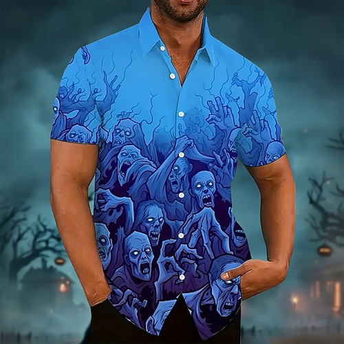 Herren Kostüme Schädel Shirt Sommer Hemd Button Up Shirt Kurzarm Dunkler Gothic Stil Feiertag Sommer Frühling Umschlag 3D Druck Kragen Hemden Vorne Eine Tasche Schwarz Pink Blau Orange Grün Image