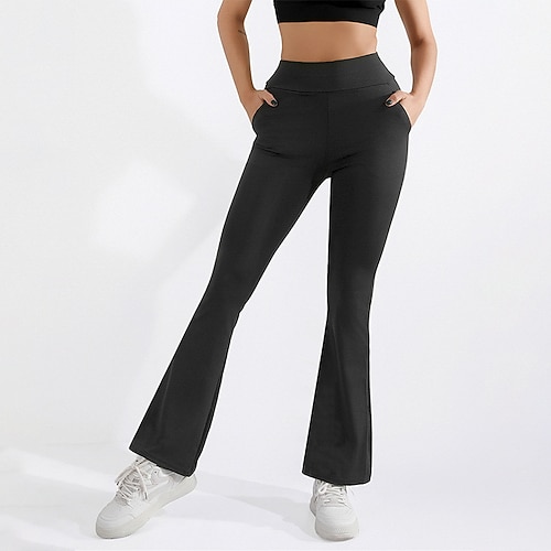 Damen ausgestellte Leggings Fleece-Yoga-Leggings Mit Taschen Hohe Taille Fitnessstudio sportlich Pilates Unterteile Einfarbig Schwarz Winter Sport Sportkleidung Image