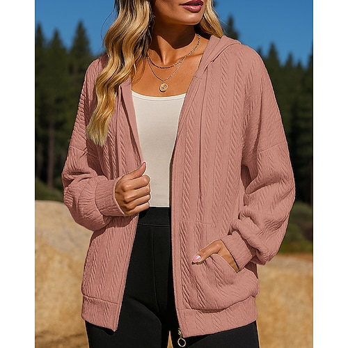 Damen Jacke mit durchgehendem Reißverschluss Kapuzenpullover Tasche Langarm Oberteil Athleisure Herbst Einfarbig Mode Training Outdoor Laufen Sportbekleidung Sportkleidung Schwarz Weiß Rosa Image