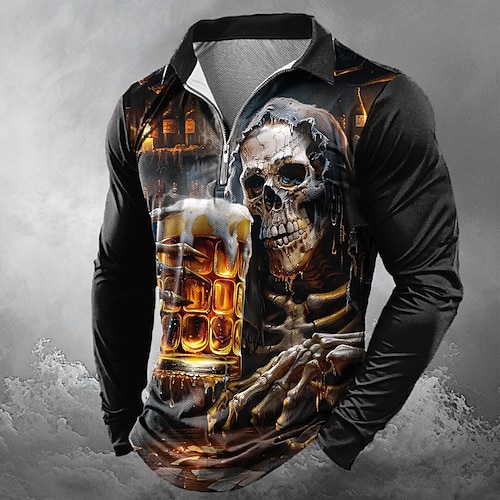 Tag der Toten Herren Schädel Oktoberfest-Bier Poloshirts mit Reißverschluss Langarm Polo-Shirts Revers Lässig Horror Dunkel Outdoor Festival-Outfit 3D-Druck Frühling Herbst Winter Schwarz Rote Blau Image
