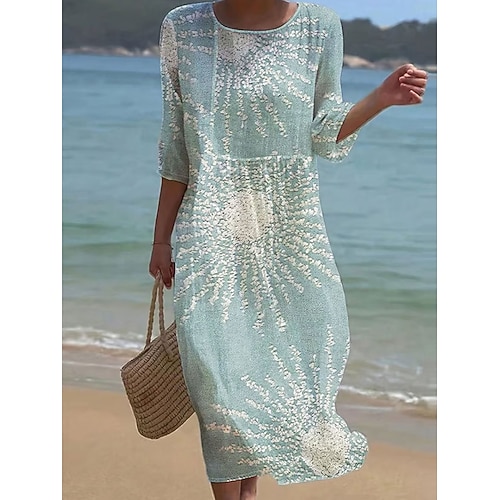 Damen Maxikleid Leinenähnlich Atmungsaktiv Leicht Kaftan 3/4 Länge Ärmel Rundhalsausschnitt Lässig Kleid A-Linie Kleid Boho Reguläre Passform Grafik Geometrisch Abstrakt Gelb Rosa Blau Orange Image