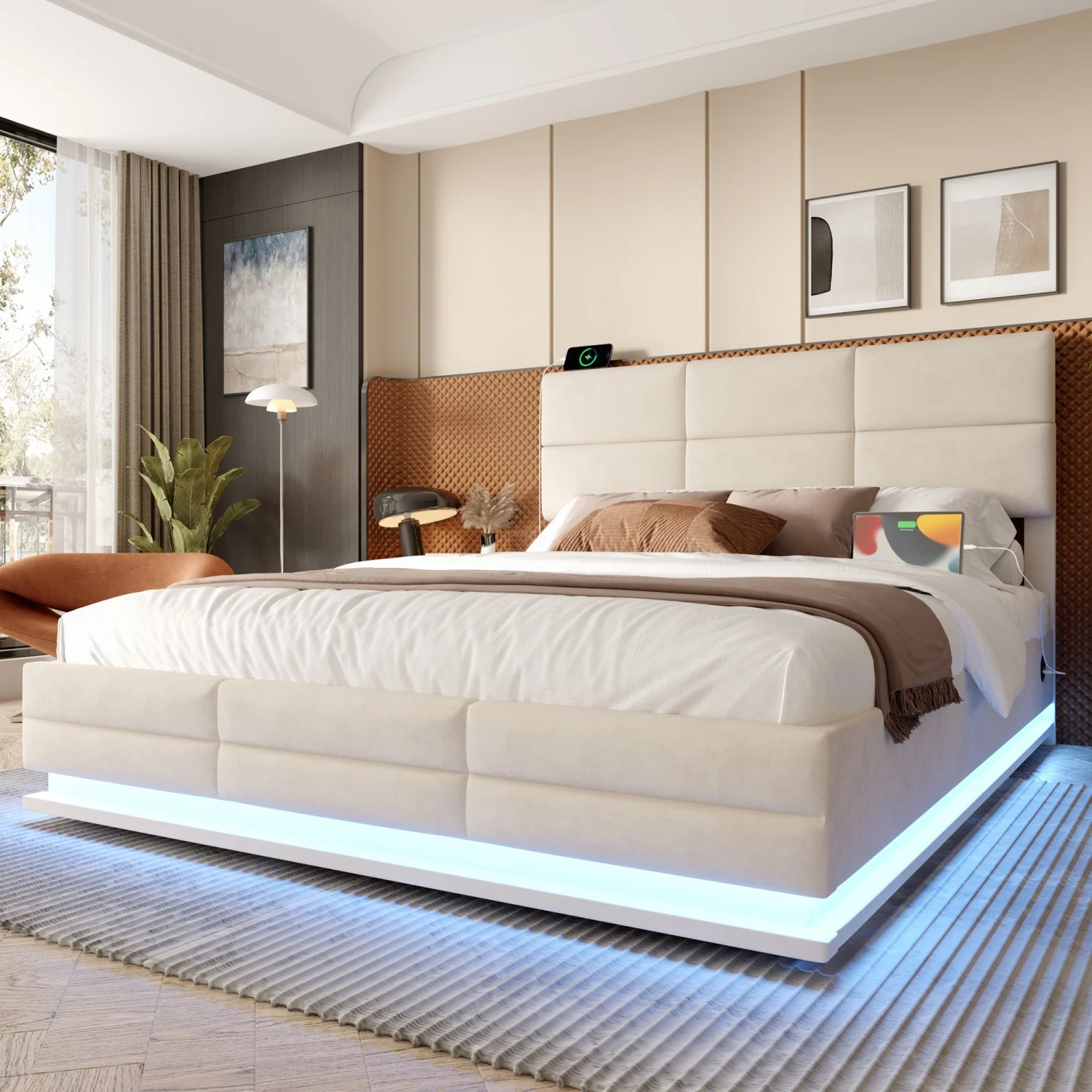 160 x 200 cm großes Bett, modernes, höhenverstellbares Kopfteilbett mit großem Stauraum und LED-Umgebungsbeleuchtung, USB/Typ-C-Verbindungen Image