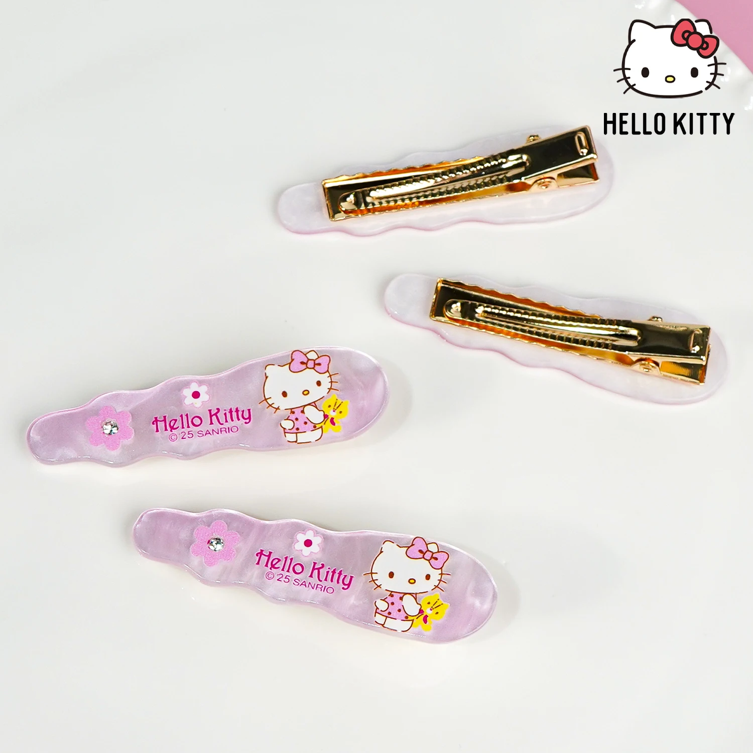 2er-Pack Hello Kitty Haarspangen – rosa Muschelstruktur mit Strasssteinen, süßer Alltags-Haarschmuck für Frauen Image