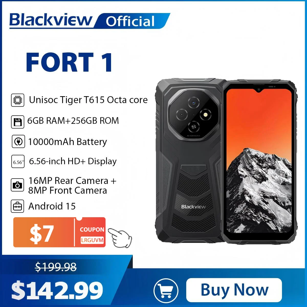 Blackview FORT 1 Rugged Phones, 6.65-inch Android 15 AI Smart Phone 6GB RAM 256GB+2TB ROM, Unisoc Tiger T615 10000mAh Cellphones