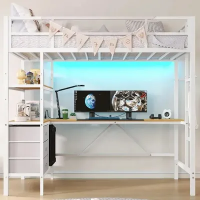 Loft Bed with L-Shaped Desk, LED Lights, Charging Station, Storage Shelves, and Fabric Drawers Bedroom Set Bunk Beds Furniture