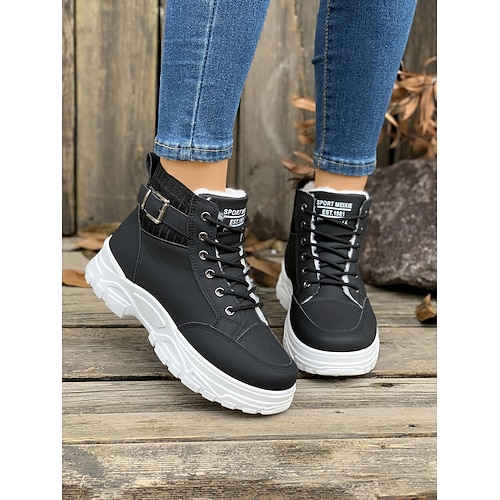 Braune Winter-Sneaker-Stiefel mit Fellfutter für Damen – Schnürstiefeletten mit dicker Sohle und Strickkragen für kaltes Wetter, Outdoor und Freizeit Image