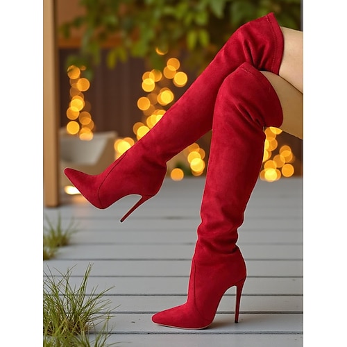 Rote Overknee-Stiefel aus Wildleder für Damen – spitze Stiletto-High-Heels für Partys und Weihnachtsfeiern Image
