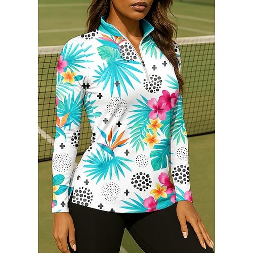 Damen Oberteile Shirt Sporthemd Golf-Poloshirt Langarm Reißverschluss Blumen UPF50 UV-beständig Hohe Elastizität Feuchtigkeitsableitend Atmungsaktiv Volleyball Tennis Golfspiel Hoher Ausschnitt