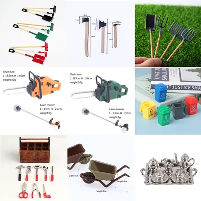 1/12 Scale Dollhouse Courtyard Decoration Miniature Garden Tools Miniature Model Toy Toolbox Mower Cart Dustbin Metal Tableware