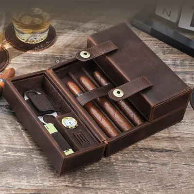 4pcs-slot cowhide Humidor Cigar Box Travel Cigar Case orginizer Leather Cedar Wood Cutter smoking accessories storage