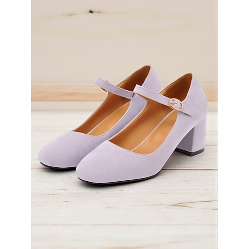 Damen-Pumps im Mary-Jane-Stil aus lila Wildleder mit Blockabsatz – elegante Schuhe im Vintage-Stil der 50er mit runder Spitze und Knöchelriemen für Hochzeiten, Partys und Outfits im Retro-Stil Image