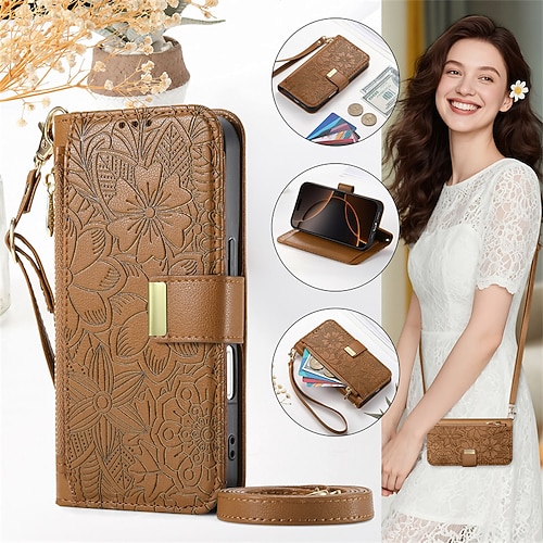 Handy Hülle Handyhüllen Für iPhone iPhone 17e 16 15 14 Pro Max Plus 16e 13 Pro Max Brieftaschenhülle Flip-Cover Reisverschluss mit Trageriemen Mit Handgelenkschlaufe Baum Blumendruck TPU PU-Leder Image