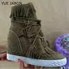 Kappe Design Frauen Frühling Herbst Mit Fransen Keil Versteckte Casual Schuhe Wildleder Leder Plattform Stiefeletten Lace Up Frau Schuhe 35-41
