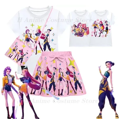 K-Pop Dämonenjäger Kleidung Mädchen Mira Rumi Zoey 3D Gedruckt T-shirt + röcke Tasche Anzüge Baby Mädchen Kleid Kinder Casual Cosplay Kostüm Image