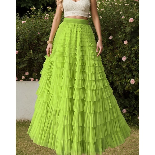 Damen Niedlich Prinzessin Maxi Hohe Taille Röcke Einfarbig Plissiert Patchwork Geschichtet Mikroelastisch Party Ferien Apfel Grün Dunkelviolett Kamel Aprikose Frühling, Herbst, Winter, Sommer Tüll Image
