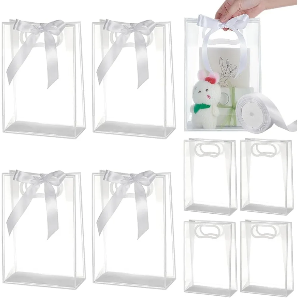 15 Stück durchsichtige weiße Kunststoff-Geschenktüten, 26 cm lang, rechteckig, transparent, faltbar, Kunststoff-Geschenktüten mit Lochgriffen, wiederverwendbare Gastgeschenke