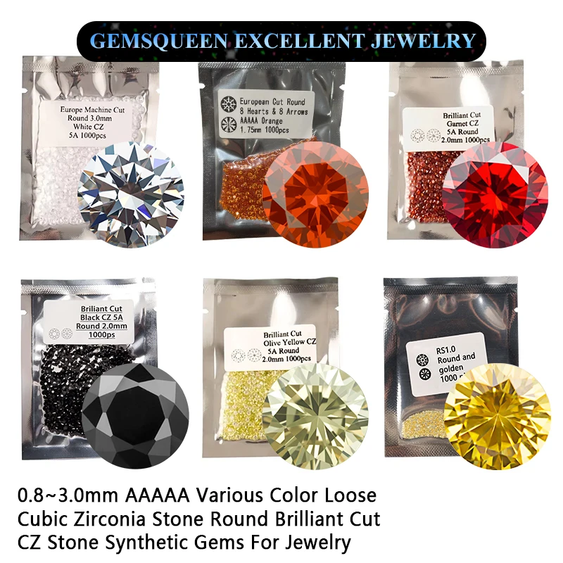 1.0mm ~ 3.0mm 5A colorato trasparente sfaccettato zirconi CZ pietre sfuse 12 colori 1000 pezzi taglio rotondo pietre zircone cubico per fai da te