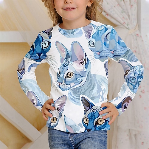 Mädchen 3D Tiermotiv Katze T-Shirt Langarm Frühling Herbst Mode Basic Kinder 4-12 Jahre Rundhalsausschnitt Outdoor Lässig Täglich Normale Passform Image