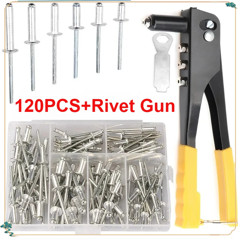 Heavy Duty Riveter Set Pop Rivet Gun and 120Pcs Blind Rivets Assortment Kit Hand Tools Rivet Nut Tool