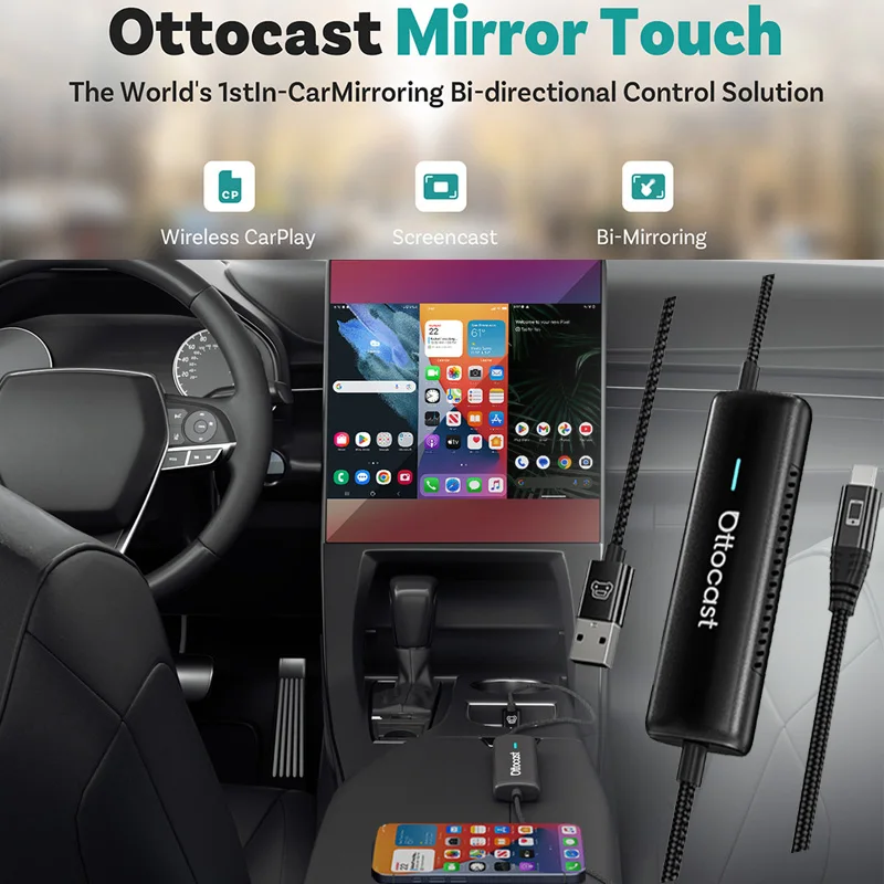 Ottocast Mirror Touch Bi-Mirroring Wireless CarPlay Adapter Bidirektionale Steuerung Video Box für iPhone Android Autozubehör Image