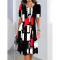 Damen Elegantes Partykleid Abendkleid Midi Kleid Rundhals Kurzarm Shift Kleid A-Linien Kleid Lässig Boho Alltag Regulär Passform Grafik Geometrisch Karomuster Schwarz Sommer Frühling Herbst