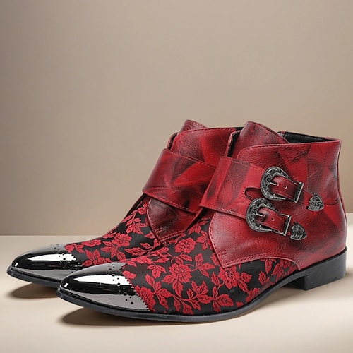 Rote Jacquard-Doppelmonkstrap-Stiefel für Herren – Lederstiefel im Gothic-Barock-Stil für Cosplay, Kostümpartys und Nachtleben-Events Image