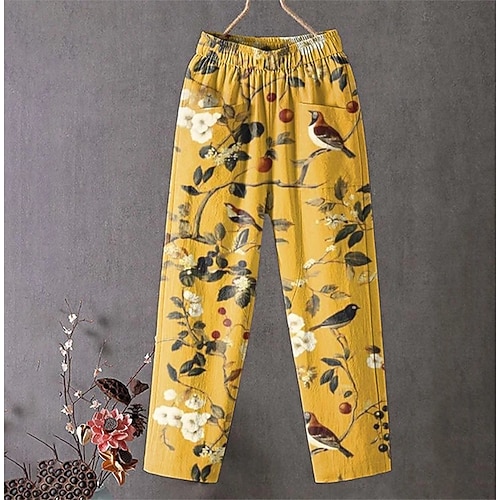 Damen Weites Bein Chinos Stoffhosen Urlaub Vintage Ethno-Stil Volle Länge Hohe Taille Blumen Grafik Vogel Tasche Bequem Atmungsaktivität Leicht Unelastisch Lässig Täglich Outdoor Weiß Gelb Staubiges Image