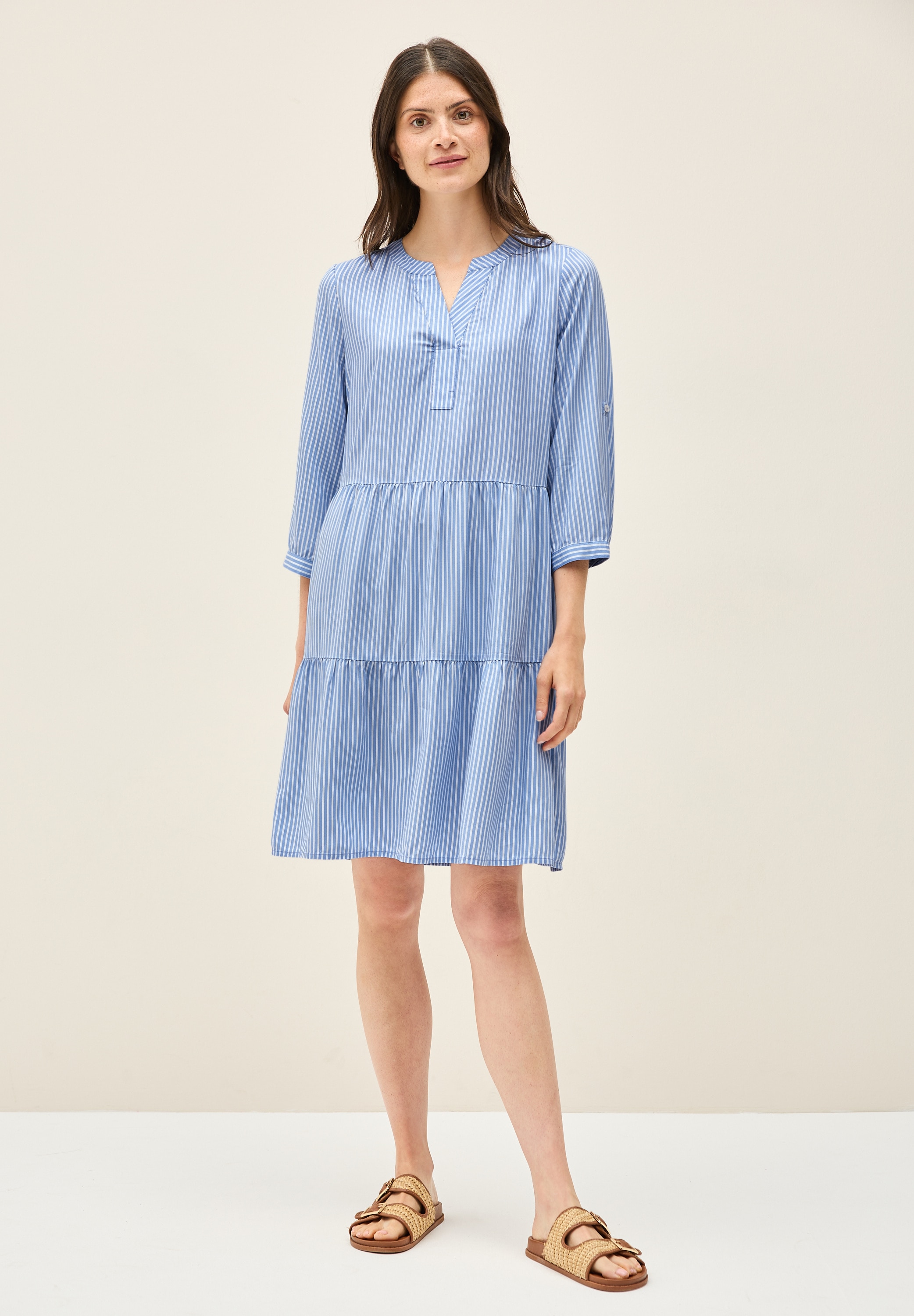 Tunikakleid CECIL, Damen, Gr. XL (44), US-Größen, blau (deep pastel blau), Stoff, 100% Viskose, gestreift, comfort fit knieumspielend, Rundhals, Manschette, Kleider, aus Viskose