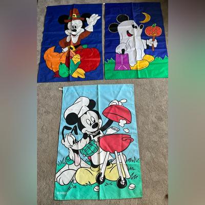 Disney Holiday | Vintage Disney Mickey Mouse Set Of 3 Decorative Holiday Garden Flags | Color: Blue/Green | Size: Os