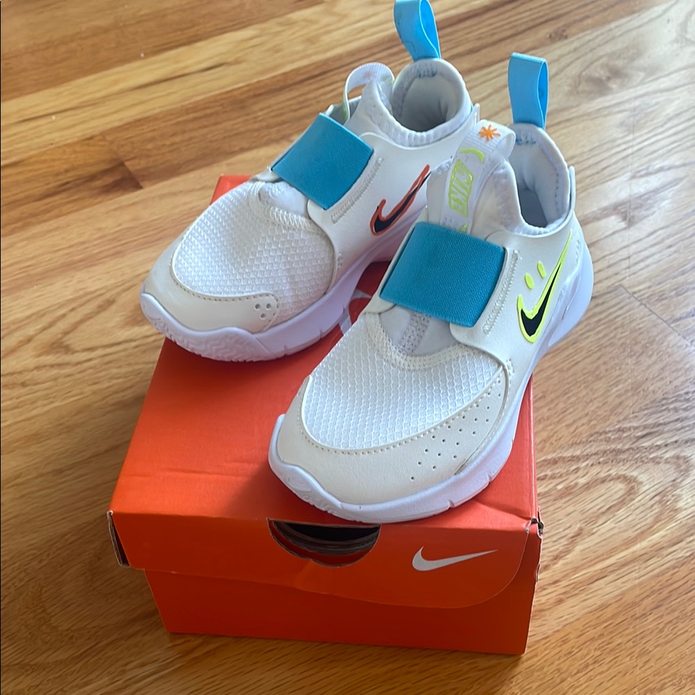 Nike Shoes | Brand New Nike Kids White Sneakers With Blue And Black Accents. Size Kids 9c | Color: Blue/White | Size: 9c
