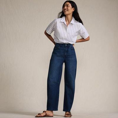 Soft Denim Relaxed Barrel Jeans, Mid Rise, Women, size: 8, petite, Blue, Spandex/Cotton-blend, by Lands' End