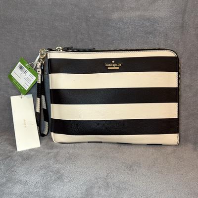 Kate Spade Bags | Kate Spadequentin Stripe Wristlet Pouch W/Builtin Iphone Charger/Nwt | Color: Black/Cream | Size: 10 1/2”L X 7 1/2”H X 1”W