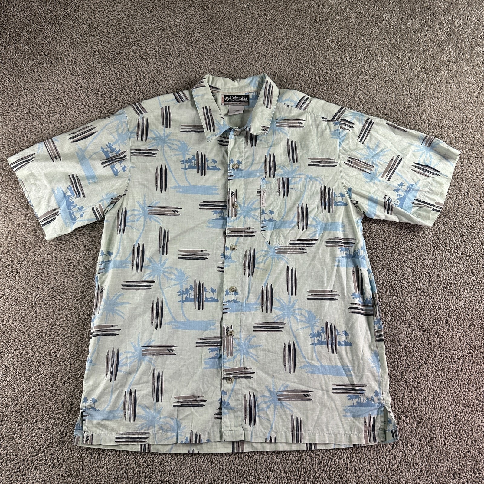 Columbia Shirts | Columbia Shirt Mens L Green Blue Aop Hawaiian Surf Board Print Xco Button Up | Color: Green | Size: L