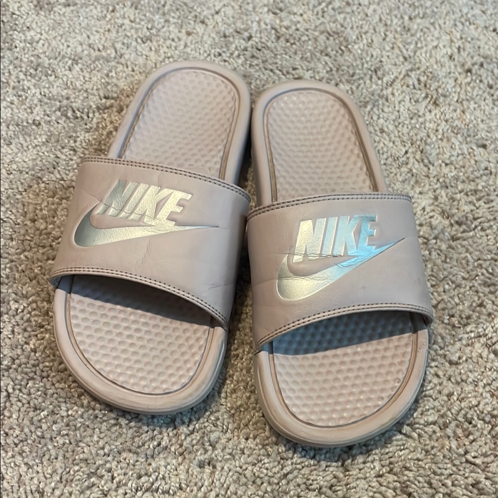 Nike Shoes | Light Pink Nike Slides With Silver Nike Logo | Color: Pink/Silver | Size: 10