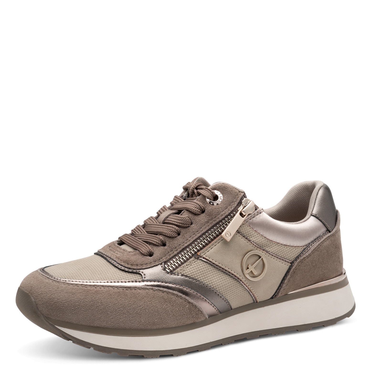 Keilsneaker TAMARIS, Damen, Gr. 36, beige (taupe kombiniert), Lederimitat, Textil, Veloursleder, kontrastfarbene Details, Schuhe Sneaker, Freizeitschuh, Halbschuh, Schnürschuh mit Kontrastbesätzen
