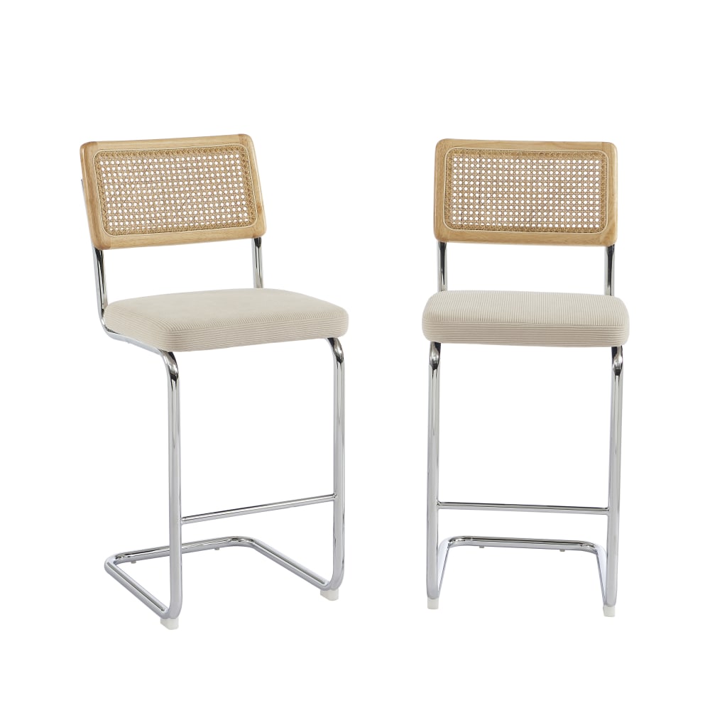 Lot de 2 tabourets mi-hauts cannage velours côtelé beige
