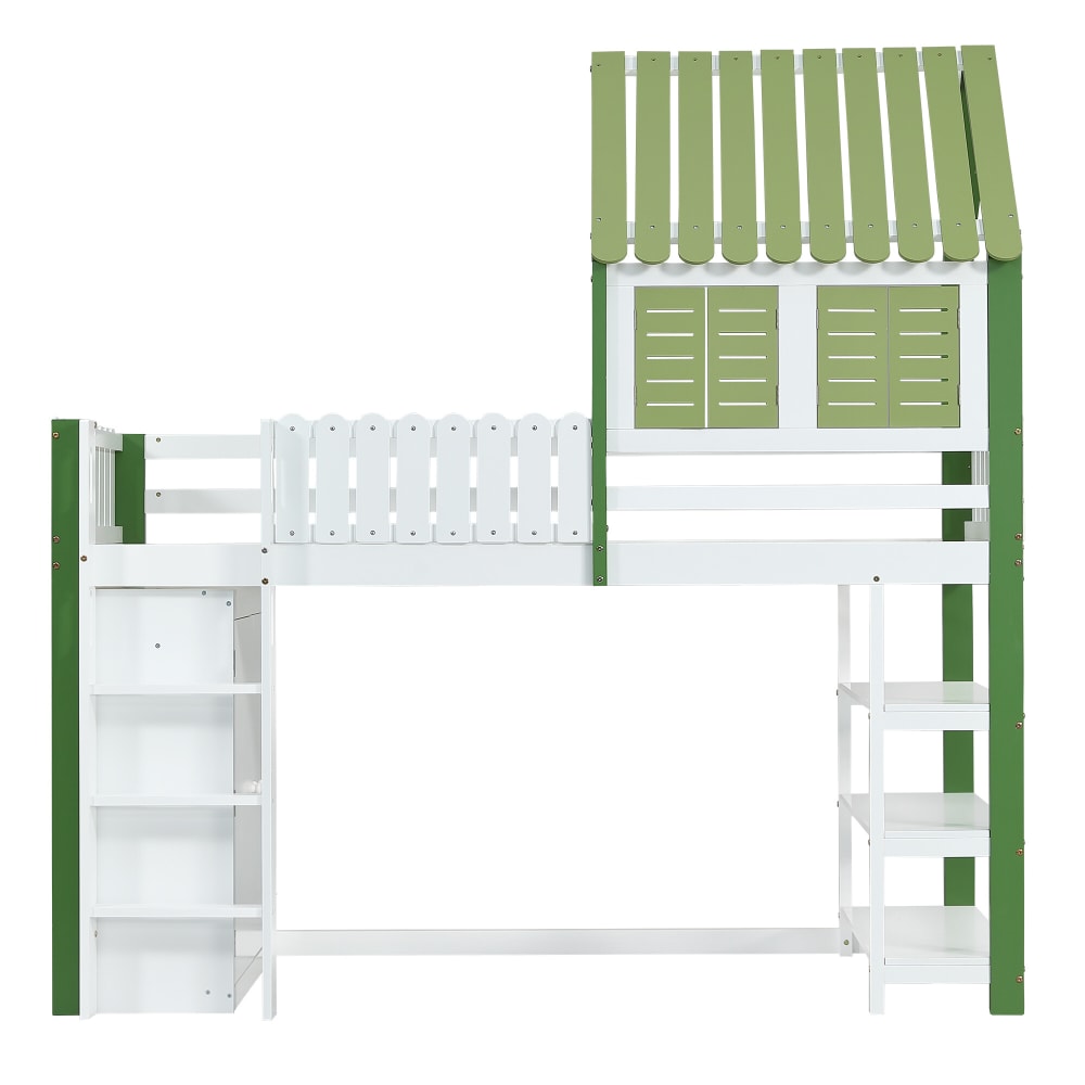 Lit cabane superposé enfants blanc & vert avec toit