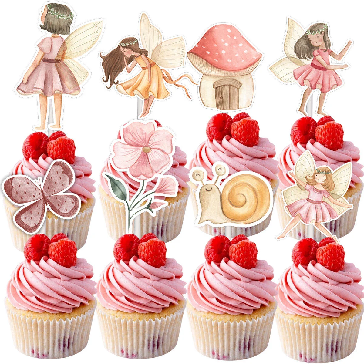 24 Teile/satz Schmetterling Fee Serie Kuchen Topper Pilz Insekt Papier Topper Für Mädchen Schmetterling Fee Geburtstag Party Dekorationen Image