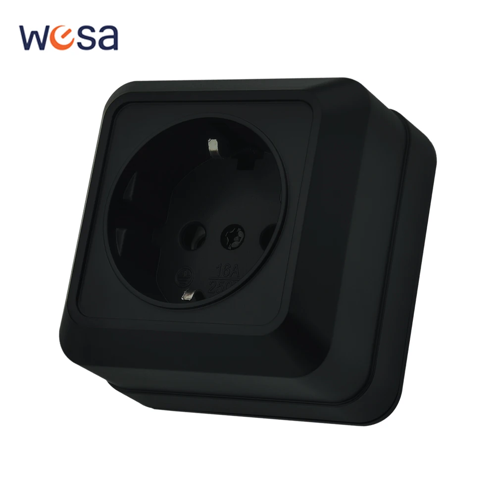 Schwarze Steckdosen, Steckdosen mit Erdung, klassische Wandoberfläche, flammhemmende Farbe, Kunststoff-Steckdosen, EU-Standard Image