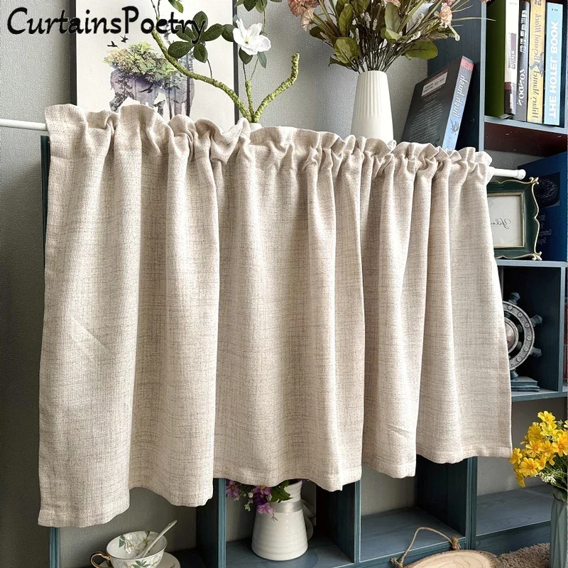 Beige Kunstleinen-Vorhänge für Wohnzimmer, Schlafzimmer, rustikale Bauernhaus-Vorhänge, halbtransparente Sackleinen-Kurzvorhänge aus strukturiertem Canvas-Stoff Image