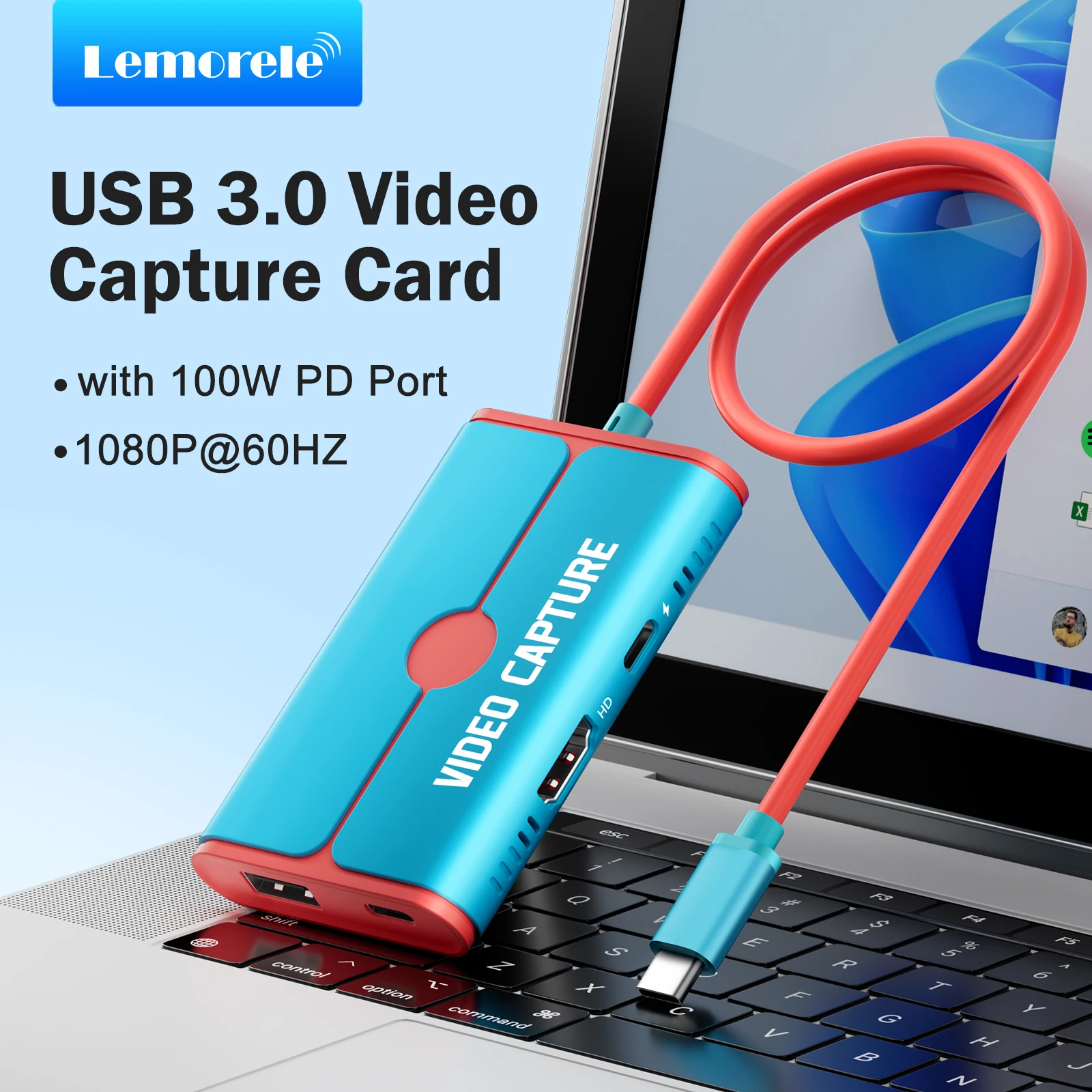 Lemorele USB 3.0 Videoaufnahmekarte mit 100 W PD Typ C auf HDMI/USB-Videorecorder für Spielaufnahmen, Live-Streaming-Grabber Image
