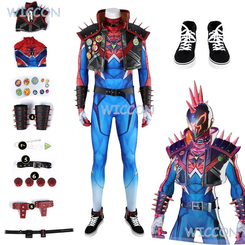 Spiel Mv Rivals Cospaly Spinne Cos Mann Punk Cosplay Kostüm Full Set Overall Weste Schuhe Männer Halloween Party Roleplay