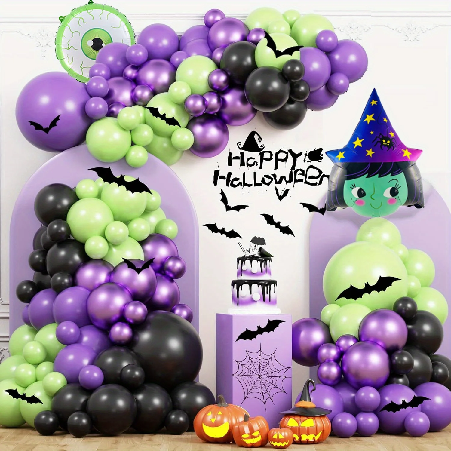 127-teiliges Halloween-Ballonbogen-Set mit Hexenform und grünen Augen, Aluminiumfolienballons, geeignet für Halloween-Party-Dekoration Image