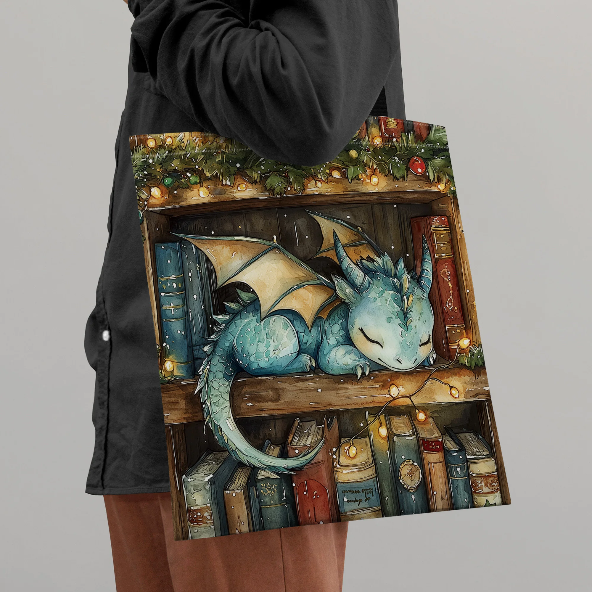 1 Stück Weihnachtselemente, ein kleiner Drache, der auf dem Bücherregal schläft, Tragetasche, perfekt zum Einkaufen, ideal für Weihnachten Image
