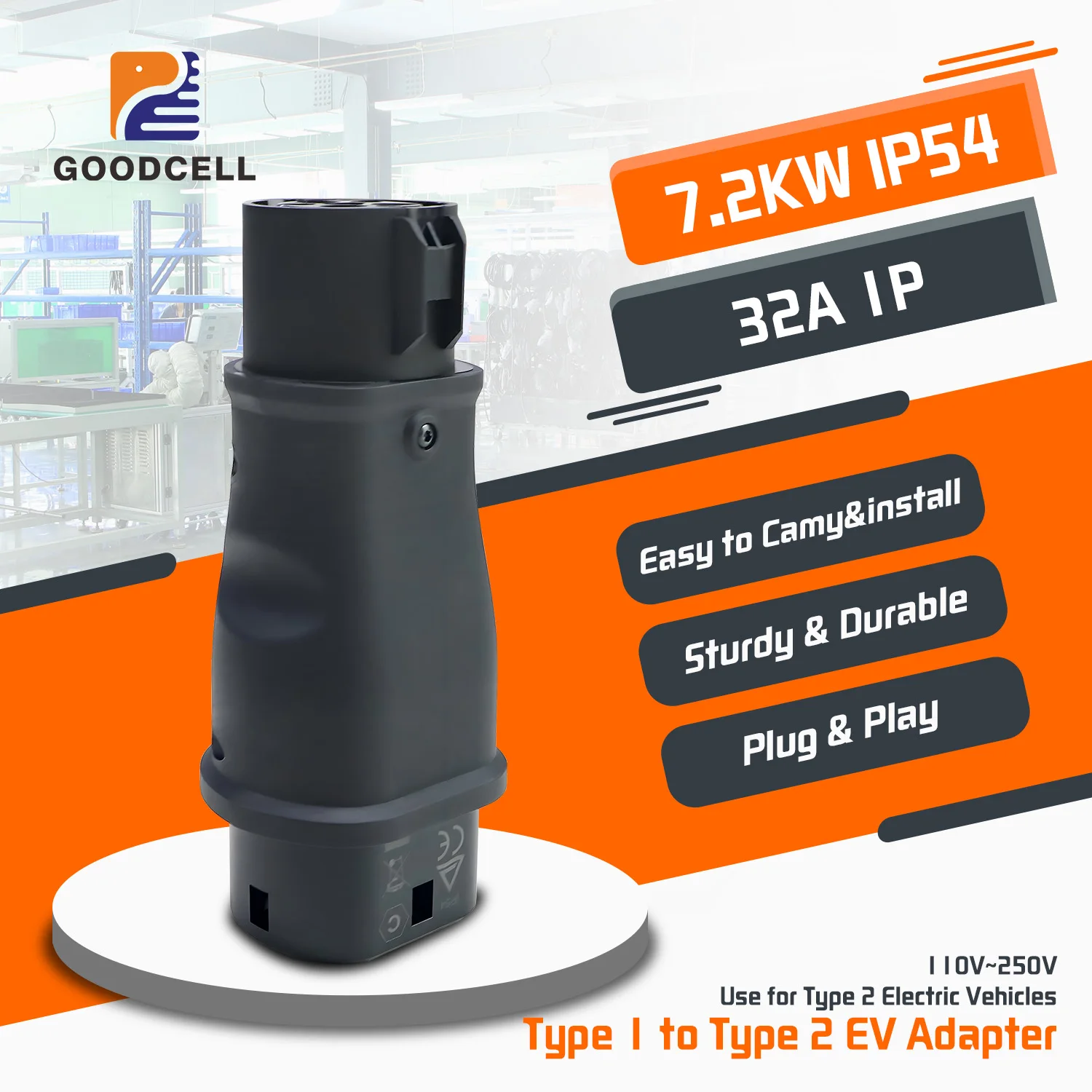 Goodcell 7,2 kW EV-Ladeadapter Typ 1 SAE J1772 auf Typ 2 IEC 62169 Heimladung EU-Standard für elektrische Hybrid-Autos Image